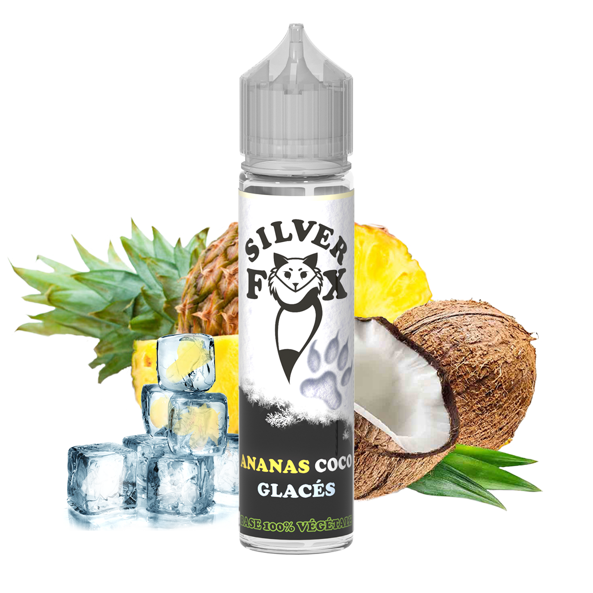 Silver Fox e-liquid bottle with pineapple, coconut, and ice cubes on a white background