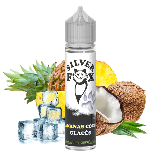Silver Fox e-liquid bottle with pineapple, coconut, and ice cubes on a white background