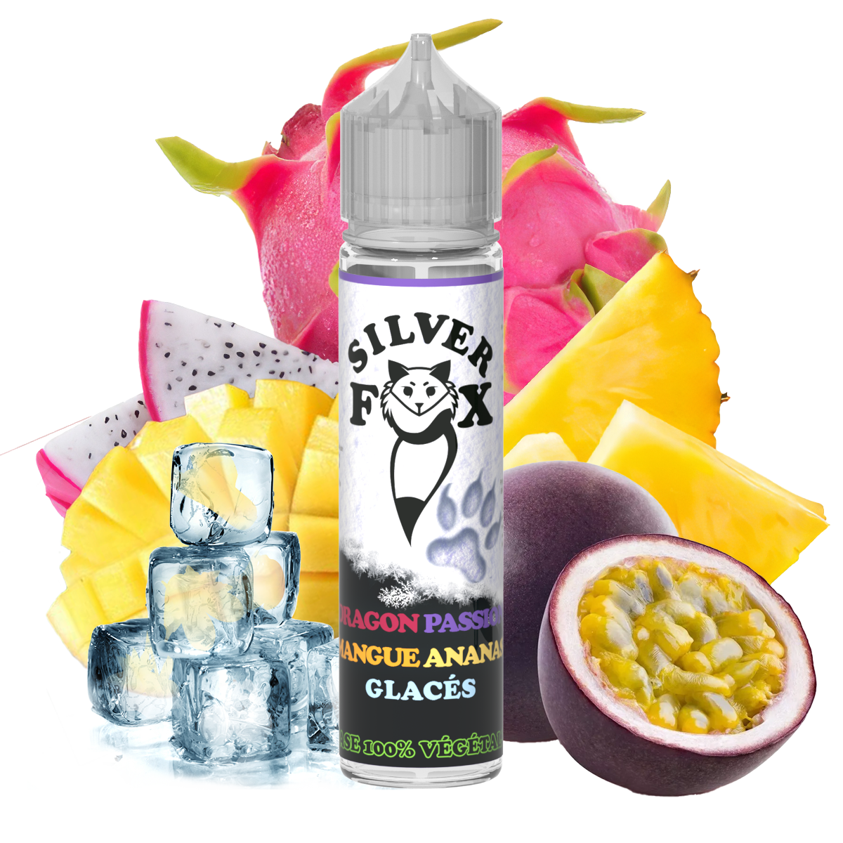 Fruit du dragon, fruit de la passion, mangue, glace à l'ananas Silver Fox 50 ml e-liquide shake and vape