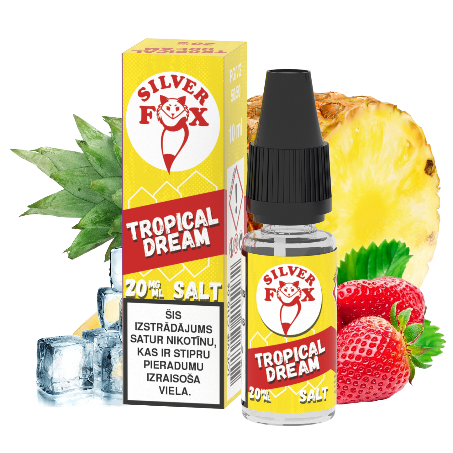 Silver Fox Tropical Dream salt e-liquid packaging with pineapple, strawberry, and ice cubes on a white background