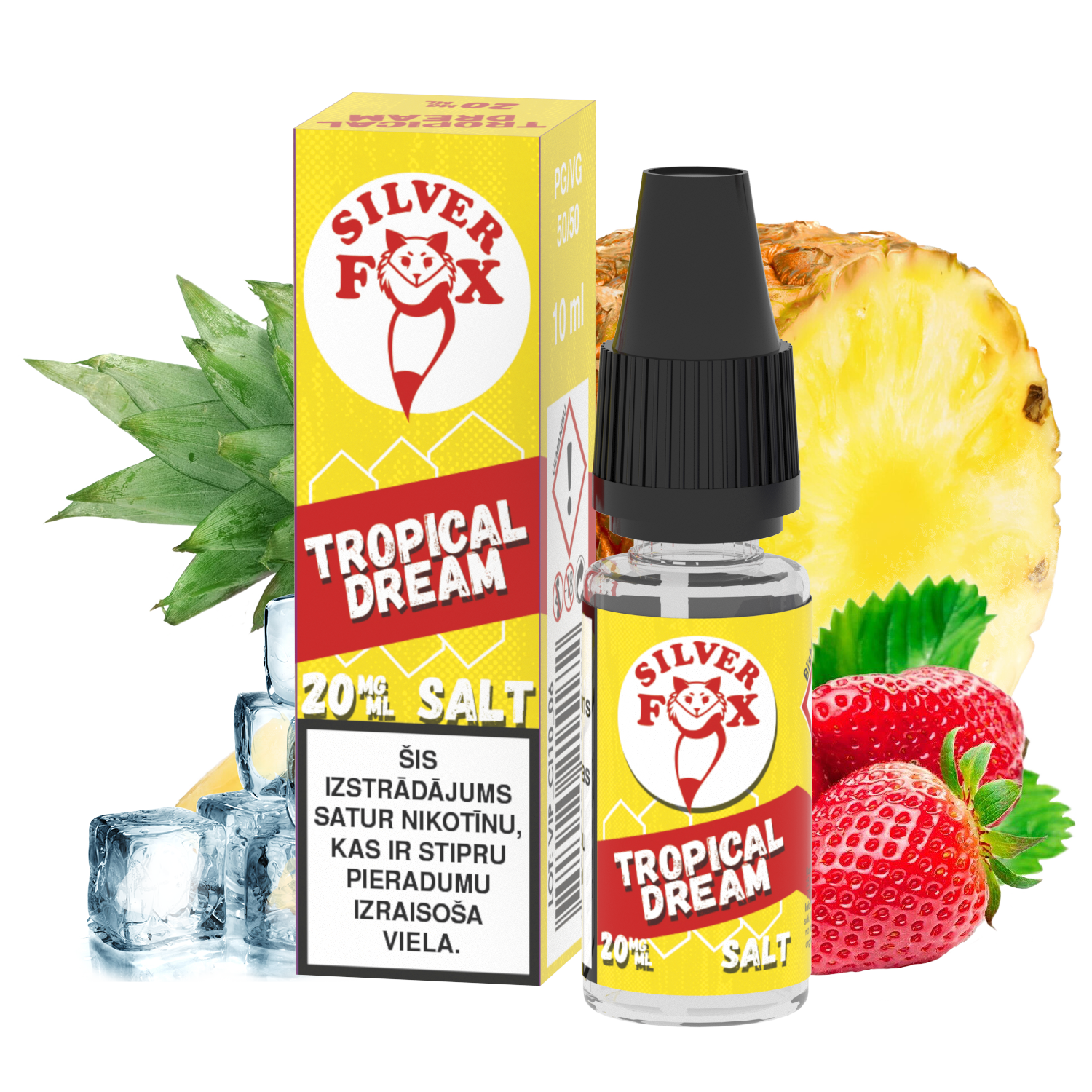 Silver Fox Tropical Dream salt e-liquid packaging with pineapple, strawberry, and ice cubes on a white background