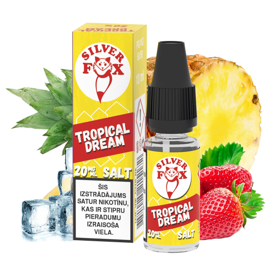 Silver Fox Tropical Dream salt e-liquid packaging with pineapple, strawberry, and ice cubes on a white background